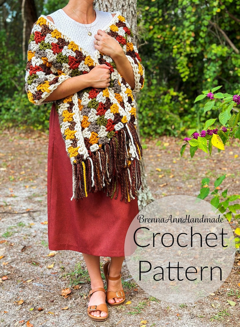 CROCHET PATTERN The Autumn Leaves Shawl Chunky Fringe Crochet Shawl / Wrap / Scarf, diy Pattern, Instant Download PDF image 1