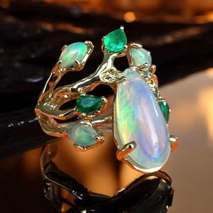 Statement ring. Opals and Emeralds handcrafted Solid gold ring for woman. Statement jewelry. Gift for her.