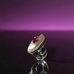 Natural Pearl, ruby, 14 k solid gold,  925 Silver rhodium plated Ring: Ocean-Inspired Design