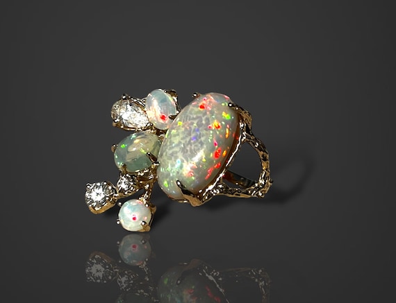 Natural Ethiopian Honeycomb Opal Ring, 10K Gold Wishbone Ring with Moissanite