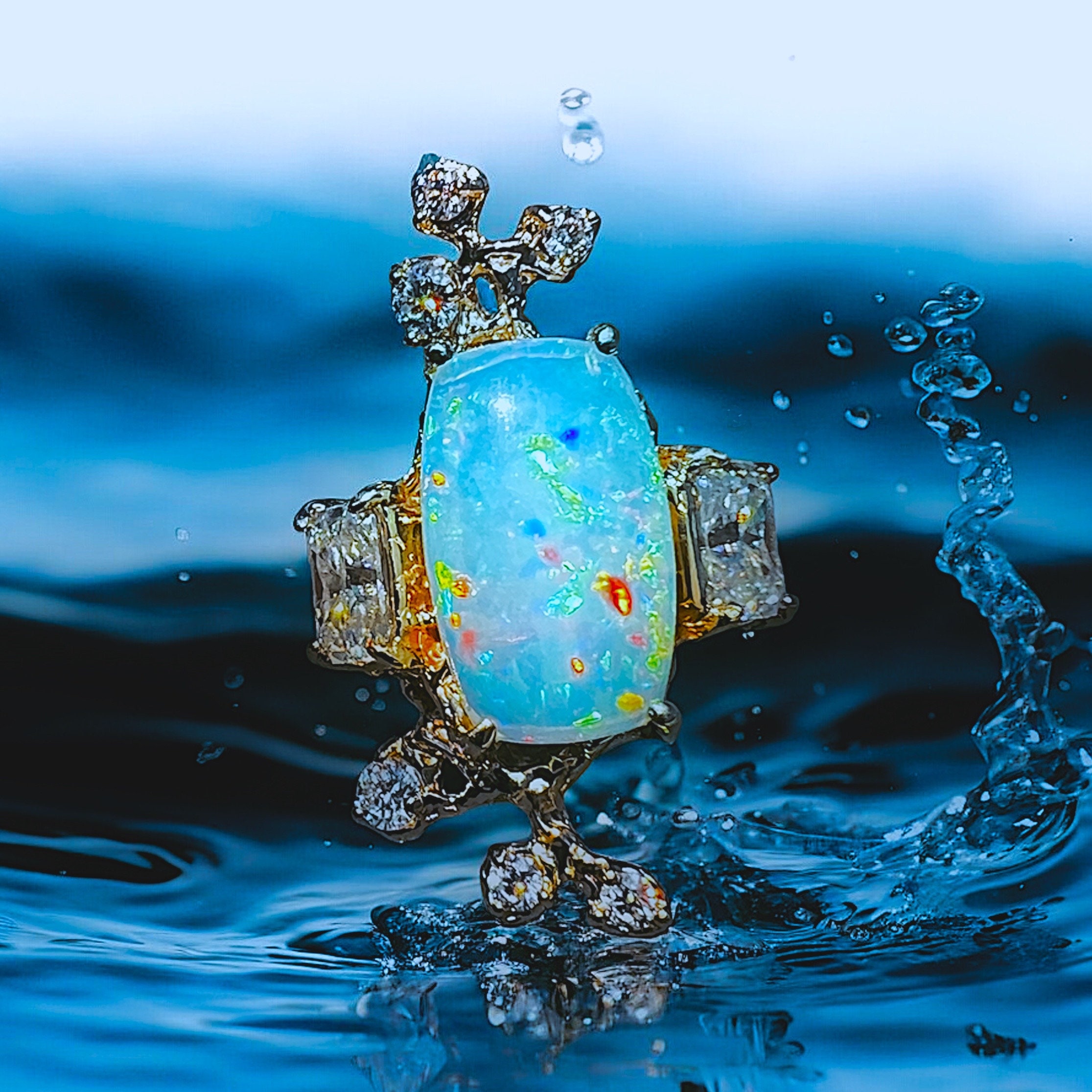 エチオピア産ウェロオパールリング：14Kゴールド、モアッサナイト