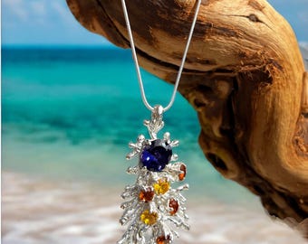Natural Purple Ceylon Sapphire Pendant, Sterling Silver Citrine and Yellow Sapphire Necklace