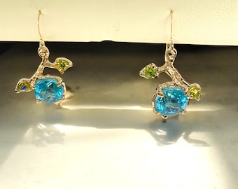 Paraiba Tourmaline Peridot 14k Gold Earrings: One-of-a-Kind Gemstone