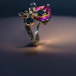 Puede incluir: Un anillo &uacute;nico con un dise&ntilde;o floral dorado con piedras negras y una gran piedra rosa en forma de l&aacute;grima. La banda del anillo es plateada y el engaste tiene una apariencia texturizada y org&aacute;nica.