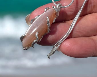 Natural Peach Moonstone Necklace, Sterling Silver Tree Branch Pendant, One of a Kind Jewelry