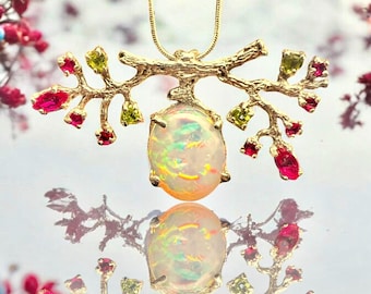 Natural Fire Opal Floral Pendant, Ruby and Peridot, Solid Gold or Silver Necklace