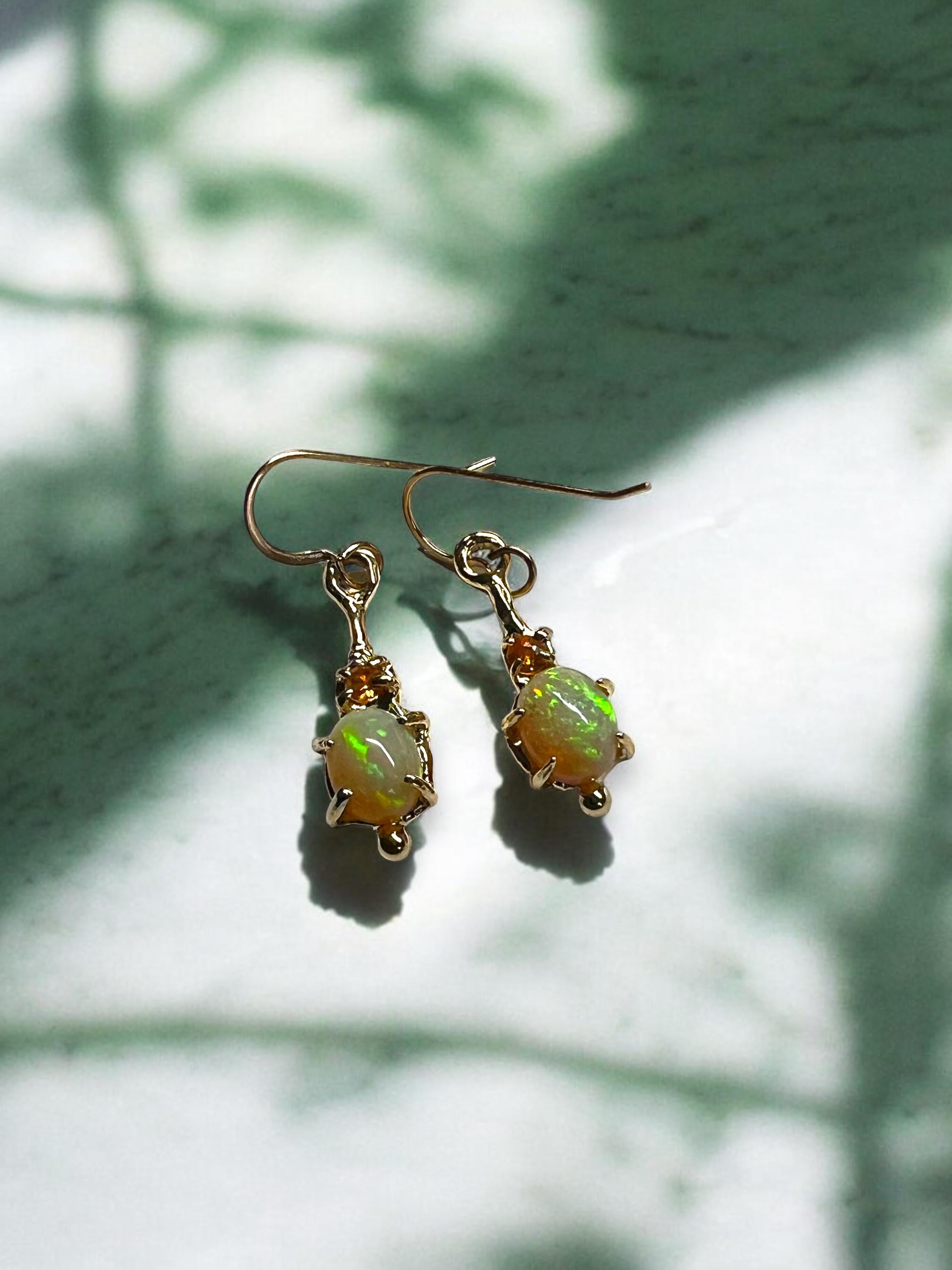 Solid gold and opal earrings. Natural Ethiopian opal,  natural sapphire, solid gold earrings - handmade and one of a kind. Gift for her.