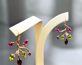 Handmade 10K Solid Gold Gemstone Earrings: Peridot, Rhodolite & Ruby