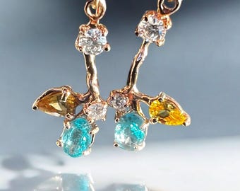 Rose Gold Apatite Earrings: Madagascar Paraiba, Citrine & Moissanite