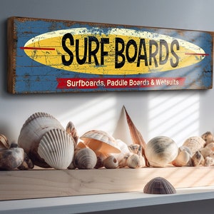 Surf Boards Sign Vintage Style Surfing Shop Sign. Solid Wood Surf Shack 40cm Wall Plaque