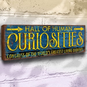 Human Curiosities Old Vintage Style Fun Fair Sign. Solid Wood Circus Wall Plaque