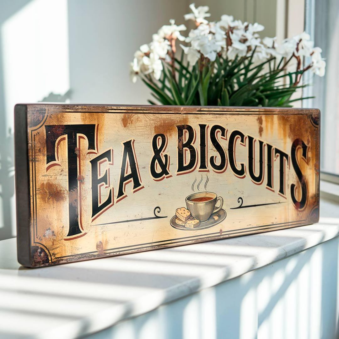 Tea and Biscuits Sign - Vintage Style Kitchen Plaque - Retro Cafe Tea ...