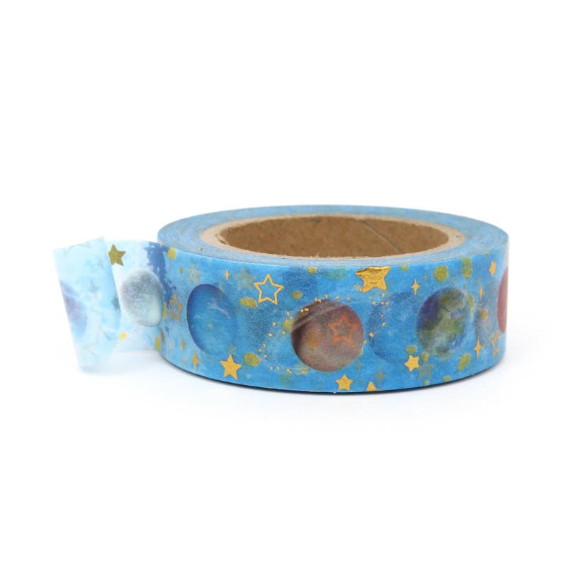 Celestial Washi Tape Cosmos Galaxy Blue Planets Gold Foil Metallic Space Universe image 3