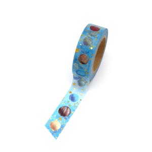 Celestial Washi Tape Cosmos Galaxy Blue Planets Gold Foil Metallic Space Universe image 2