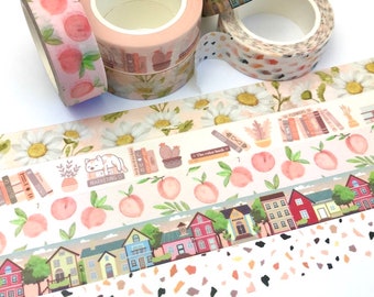 Washi Tape Floral Daisy Books Cat Plant Fruit Peaches Apricots Houses Village Street Scape Town Terrazzo Stone Multicoloured 15mm x 10m