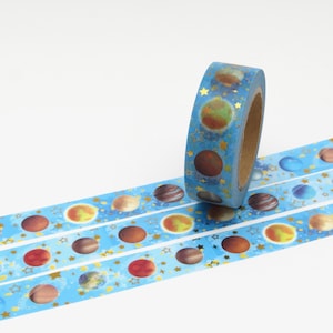 Celestial Washi Tape Cosmos Galaxy Blue Planets Gold Foil Metallic Space Universe image 4