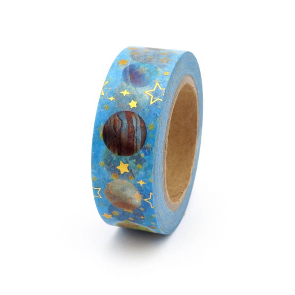 Celestial Washi Tape Cosmos Galaxy Blue Planets Gold Foil Metallic Space Universe