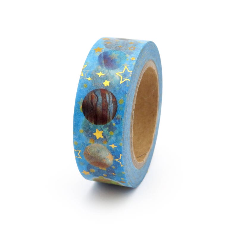 Celestial Washi Tape Cosmos Galaxy Blue Planets Gold Foil Metallic Space Universe image 1