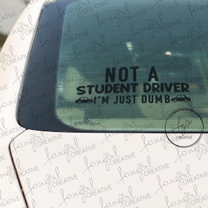 May include: A black vinyl car decal with the text "NOT A STUDENT DRIVER I'M JUST DUMB" in a bold, sans-serif font. The decal includes small car graphics on either side of the text. The decal is applied to a car window.