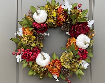 Fall Wreath with White Pumpkins, Farmhouse Fall Door Wreaths, Best Selling Wreath for Fall, Peony and Pumpkin Fall Wreath for Front Door