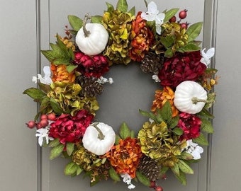 Fall Wreath with White Pumpkins, Farmhouse Fall Door Wreaths, Best Selling Wreath for Fall, Peony and Pumpkin Fall Wreath for Front Door