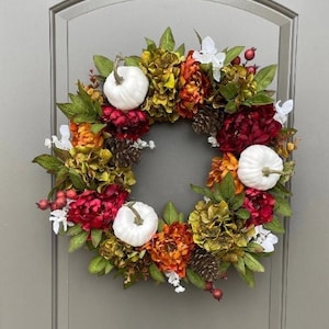 Fall Wreath with White Pumpkins, Farmhouse Fall Door Wreaths, Best Selling Wreath for Fall, Peony and Pumpkin Fall Wreath for Front Door image 1