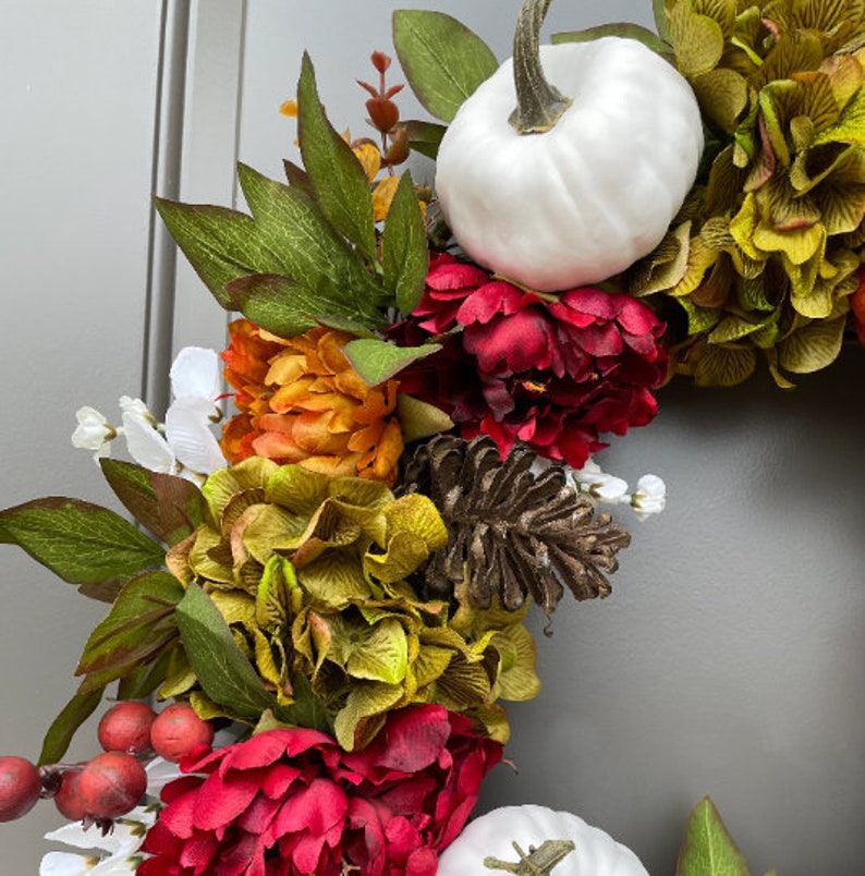 Fall Wreath with White Pumpkins, Farmhouse Fall Door Wreaths, Best Selling Wreath for Fall, Peony and Pumpkin Fall Wreath for Front Door image 5