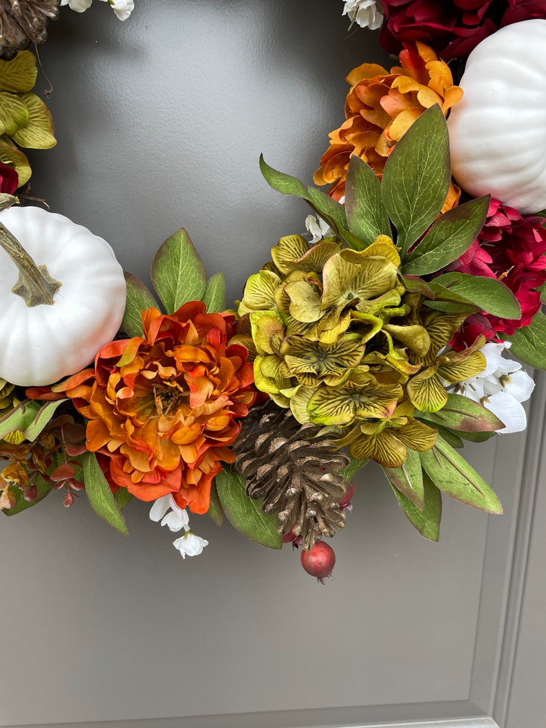 Fall Wreath with White Pumpkins, Farmhouse Fall Door Wreaths, Best Selling Wreath for Fall, Peony and Pumpkin Fall Wreath for Front Door image 3