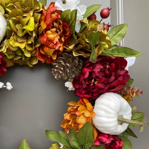 Fall Wreath with White Pumpkins, Farmhouse Fall Door Wreaths, Best Selling Wreath for Fall, Peony and Pumpkin Fall Wreath for Front Door image 4