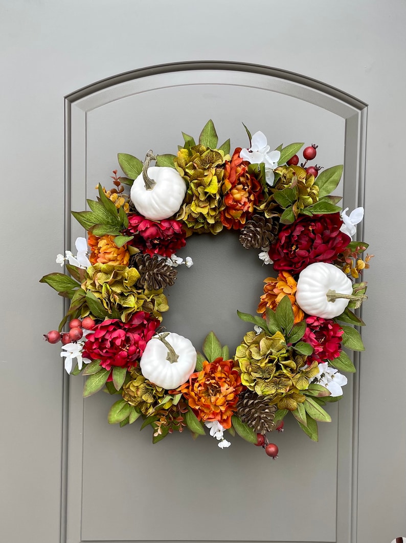 Fall Wreath with White Pumpkins, Farmhouse Fall Door Wreaths, Best Selling Wreath for Fall, Peony and Pumpkin Fall Wreath for Front Door afbeelding 7