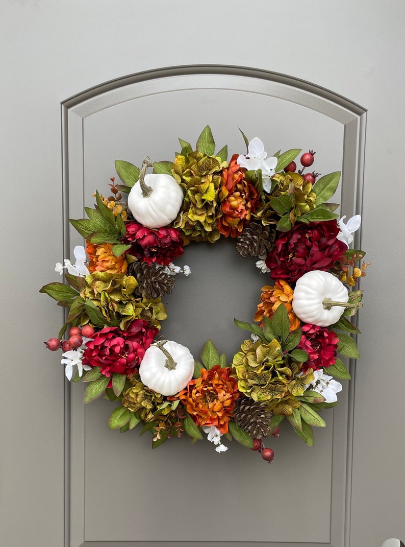 Fall Wreath with White Pumpkins, Farmhouse Fall Door Wreaths, Best Selling Wreath for Fall, Peony and Pumpkin Fall Wreath for Front Door image 1