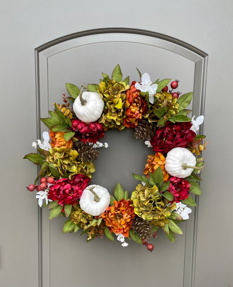 Fall Wreath with White Pumpkins, Farmhouse Fall Door Wreaths, Best Selling Wreath for Fall, Peony and Pumpkin Fall Wreath for Front Door image 6