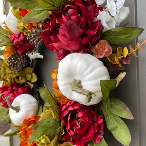 Fall Wreath with White Pumpkins, Farmhouse Fall Door Wreaths, Best Selling Wreath for Fall, Peony and Pumpkin Fall Wreath for Front Door image 2