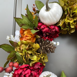 Fall Wreath with White Pumpkins, Farmhouse Fall Door Wreaths, Best Selling Wreath for Fall, Peony and Pumpkin Fall Wreath for Front Door image 5