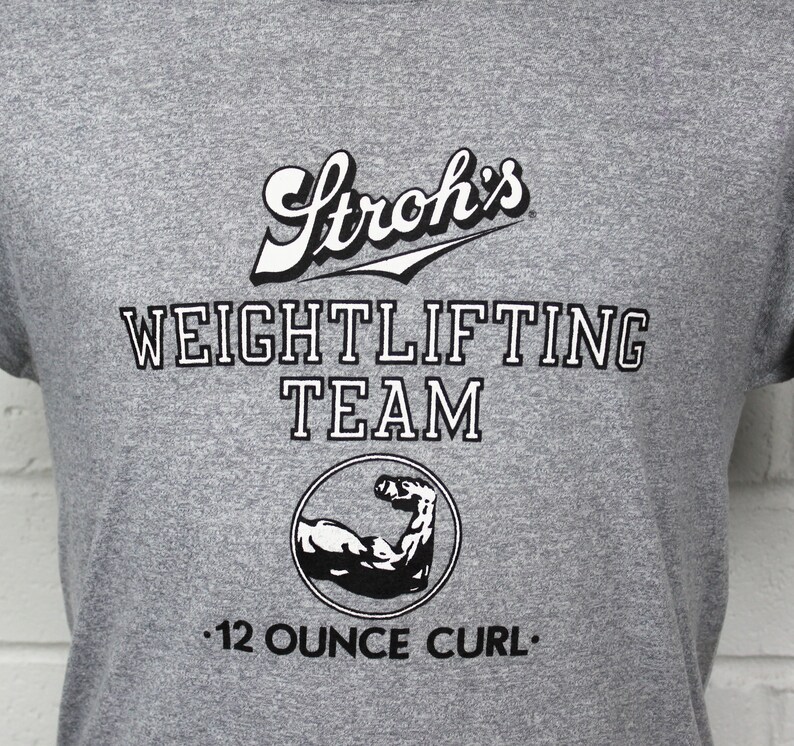 Vintage 80s Strohs Beer Shirt Gray Medium Weightlifting Team 12 oz Curl Logo T Shirt