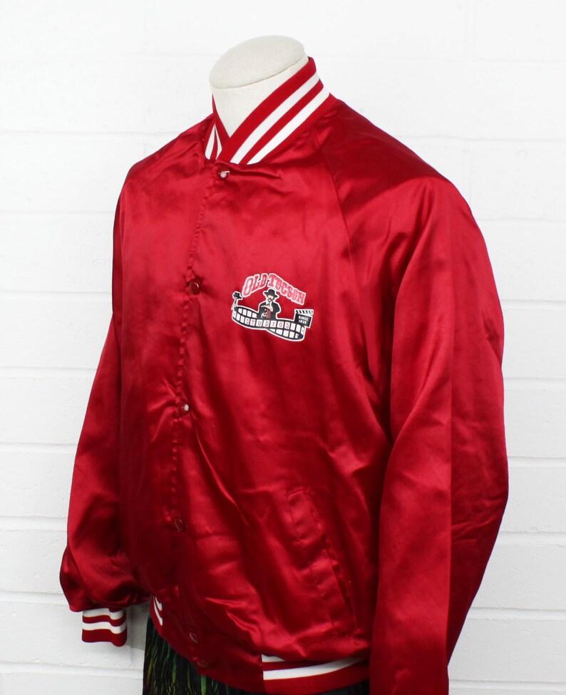 Vintage 80s Old Tucson Bomber Large Jacket Red and White Western Movies Hollywood Studio Snap Button Shiny Jacket