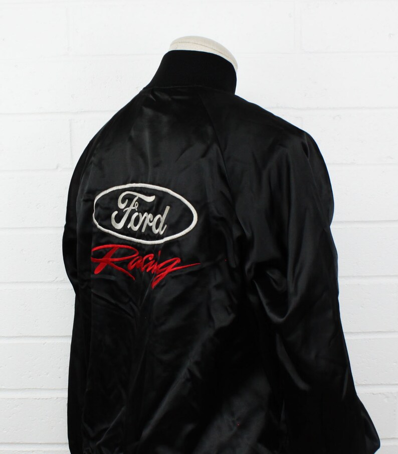 Vintage 80s Ford Racing Jacket Large Satin Nylon Shiny Button Up Black Jacket