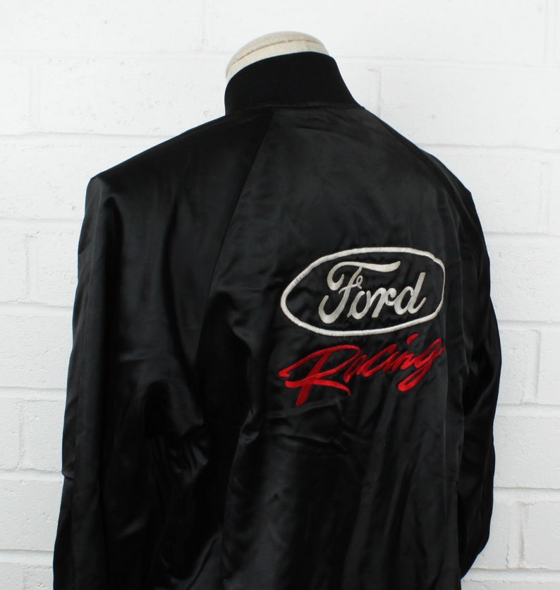 Vintage 80s Ford Racing Jacket Large Satin Nylon Shiny Button Up Black Jacket