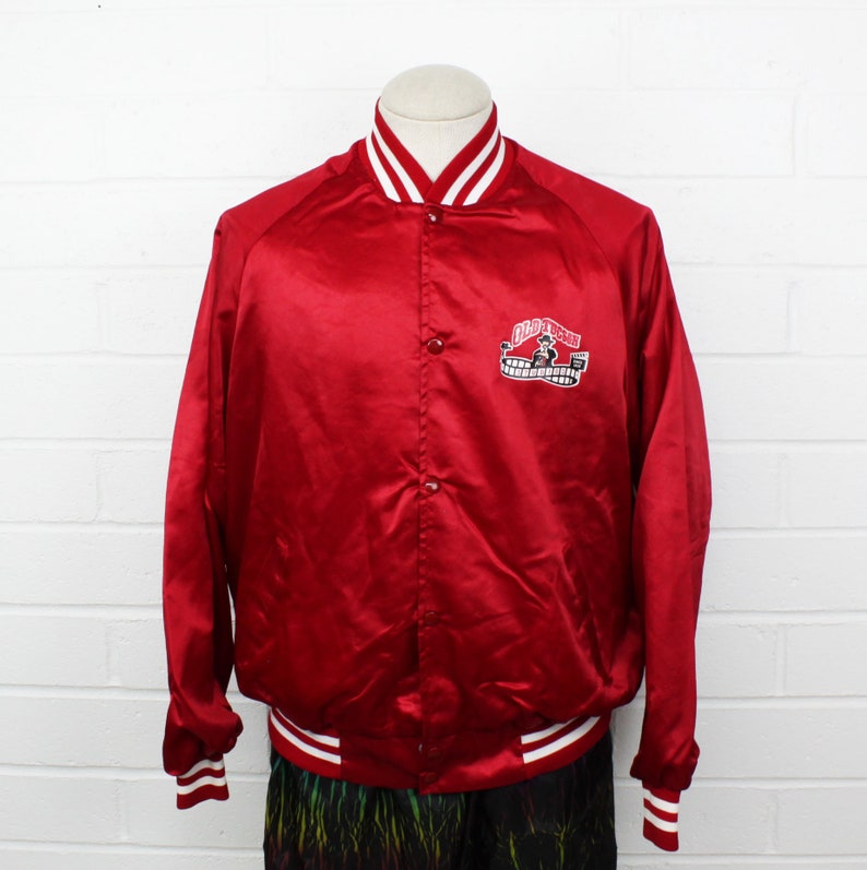 Vintage 80s Old Tucson Bomber Large Jacket Red and White Western Movies Hollywood Studio Snap Button Shiny Jacket