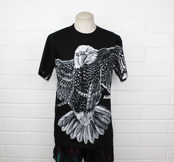 Vtg 90s Art Unlimited American Flag Bald Eagle All Over Print T-Shirt Black M USA