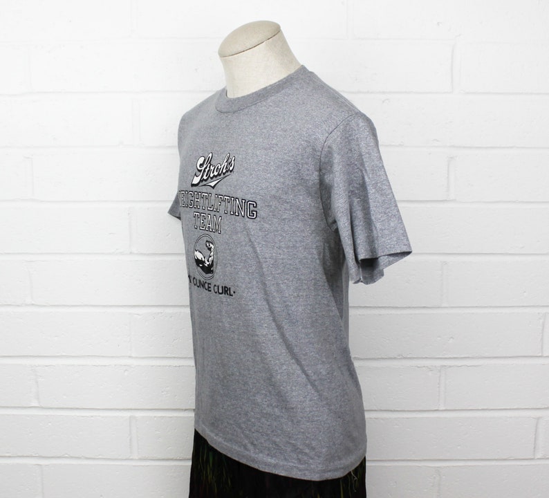 Vintage 80s Strohs Beer Shirt Gray Medium Weightlifting Team 12 oz Curl Logo T Shirt