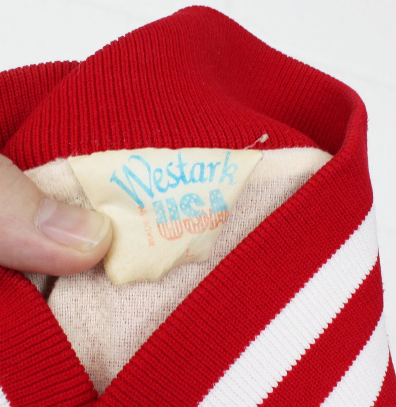 Vintage 80s Old Tucson Bomber Large Jacket Red and White Western Movies Hollywood Studio Snap Button Shiny Jacket