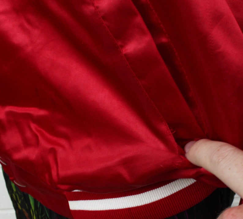 Vintage 80s Old Tucson Bomber Large Jacket Red and White Western Movies Hollywood Studio Snap Button Shiny Jacket