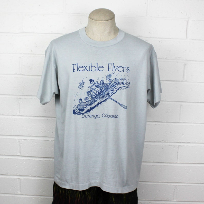 Vintage 80s 1980s Rafting Adventure Shirt Gray Durango Colorado Flexible Flyers White Water Extreme Outdoor Sports Tee T Shirt