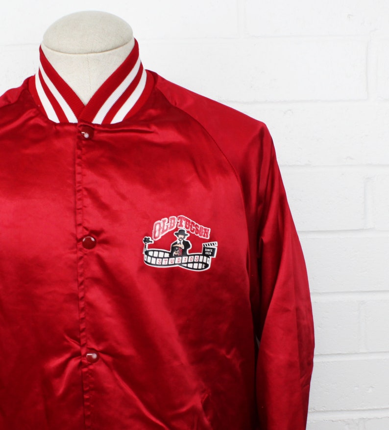 Vintage 80s Old Tucson Bomber Large Jacket Red and White Western Movies Hollywood Studio Snap Button Shiny Jacket