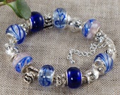 Ultramarine Blue Euro Charm Bracelet Saphire Electric Blue Dusty Pink Murano Glass Fish Charm Bracelet Girls Women Jewelry Gift for Her 4293