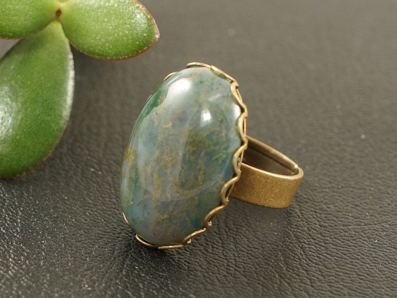 Green Moss Agate Ring Large Oval Adjustable Dark Forest Olive Etsy