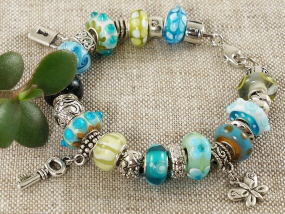 jewellery gift for her green and white bracelet Green lampwork beaded bracelet crystal beads
