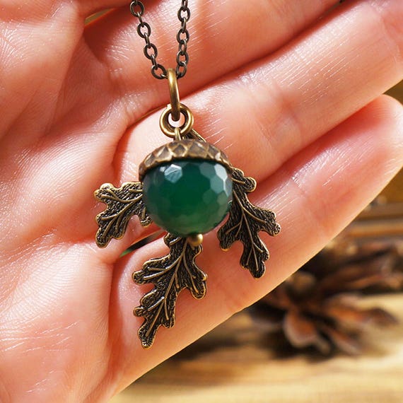 #7165 Necklace Branch with Acorn no.2 green-black agate