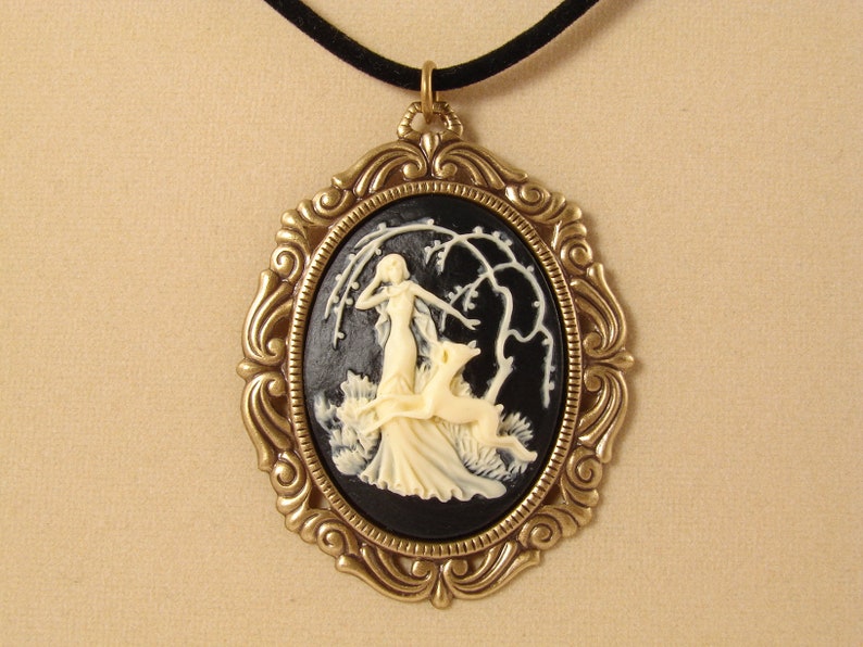 Forest Fairy Cameo Necklace Ivory on Black Pendant Black and White Lady Cameo Vintage Brass Victorian Style Women Jewelry Gift for Her 2414